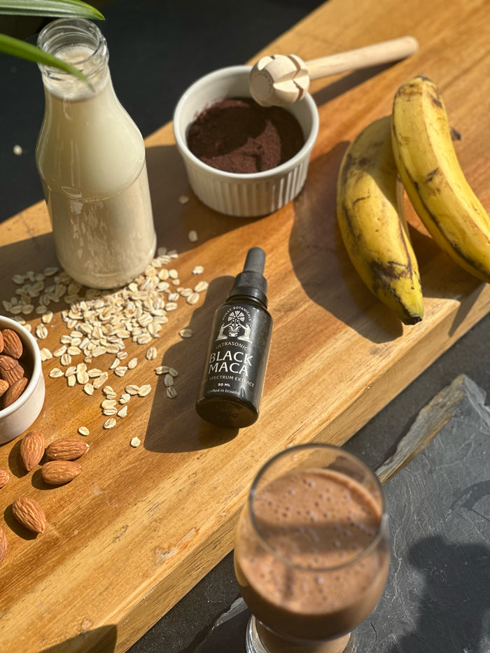 Black maca root ingredients displayed with Munay Botanicals Black Maca Extract.