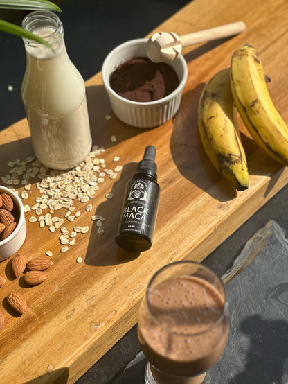 Black maca root ingredients displayed with Munay Botanicals Black Maca Extract.