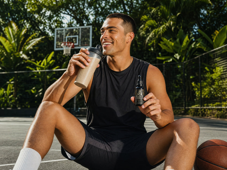Person holding Munay Botanicals Black Maca Root Extract while relaxing on an outdoor basketball court.