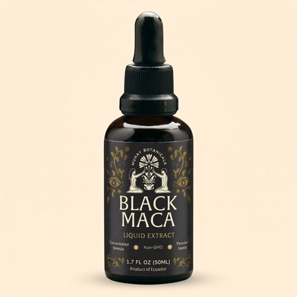 Bottle of Munay Botanicals Black Maca Root Extract on a light background.