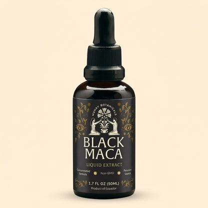 Bottle of Munay Botanicals Black Maca Root Extract on a light background.