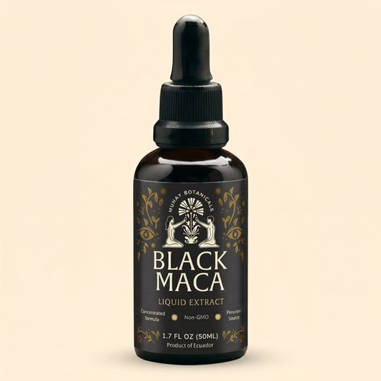 Bottle of Munay Botanicals Black Maca Root Extract on a light background.