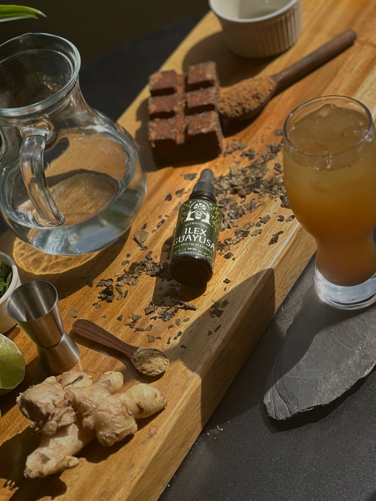 Organic Guayusa loose leaf tea displayed with dried leaves, highlighting natural caffeine, antioxidant-rich herbs, sustained energy, and wellness.
