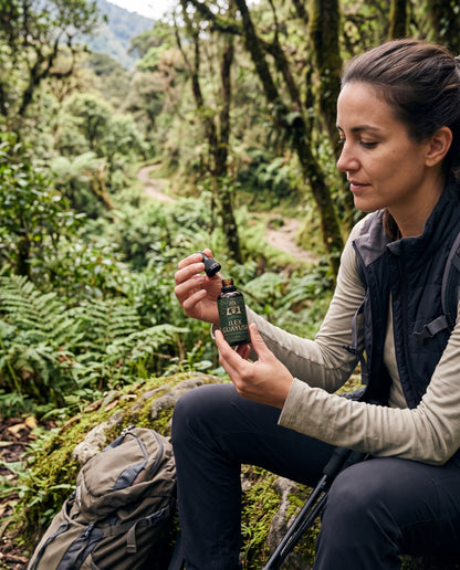 Woman enjoying a fresh cup of organic Guayusa herbal tea outdoors, highlighting natural energy, wellness, antioxidant-rich leaves, and healthy living.