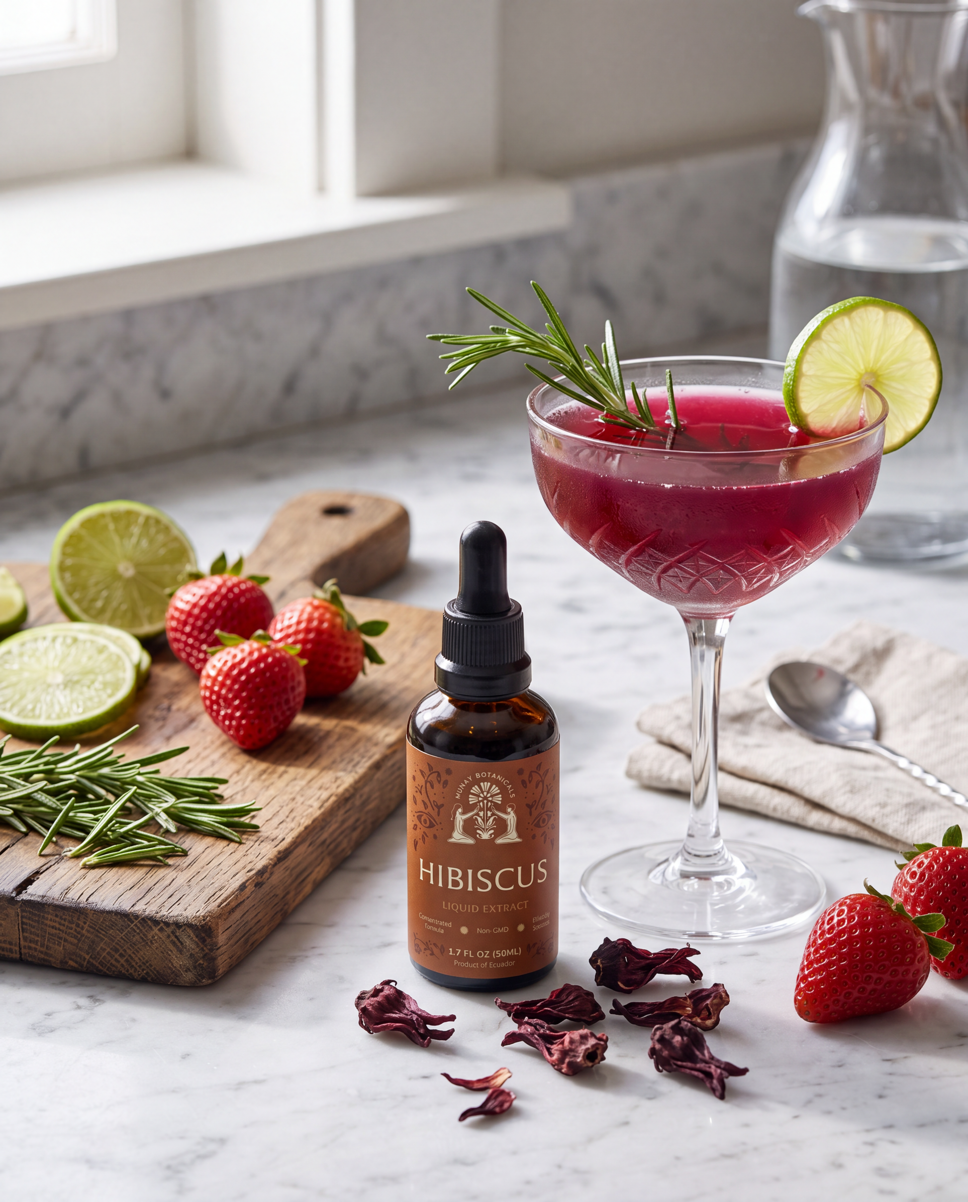 Fresh organic hibiscus tea served with hibiscus flowers, showcasing a vibrant caffeine-free herbal drink rich in antioxidants and natural wellness.