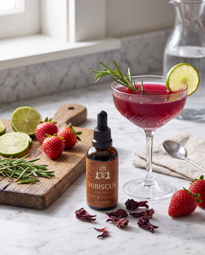 Fresh organic hibiscus tea served with hibiscus flowers, showcasing a vibrant caffeine-free herbal drink rich in antioxidants and natural wellness.