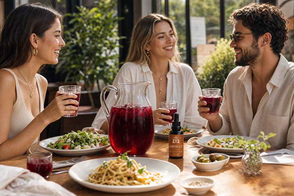 Fresh organic hibiscus herbal tea served with dried hibiscus flowers, showcasing a vibrant caffeine-free wellness drink rich in antioxidants.