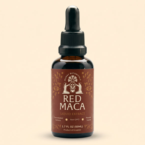Amber glass bottle of Red Maca extract with dropper cap on a neutral background.