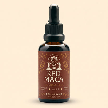 Amber glass bottle of Red Maca extract with dropper cap on a neutral background.