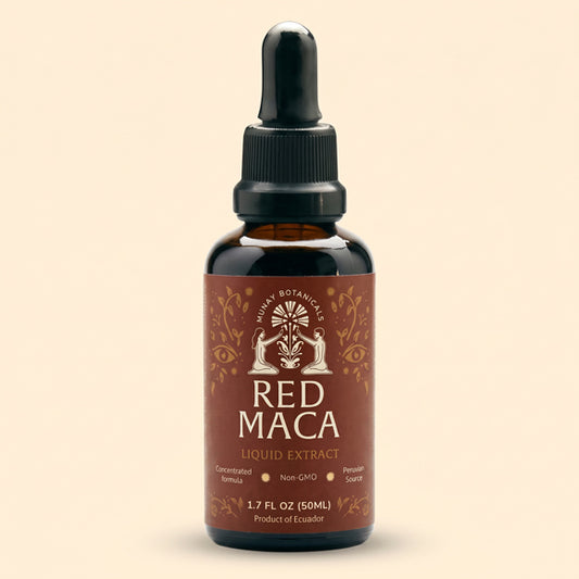 Amber glass bottle of Red Maca extract with dropper cap on a neutral background.