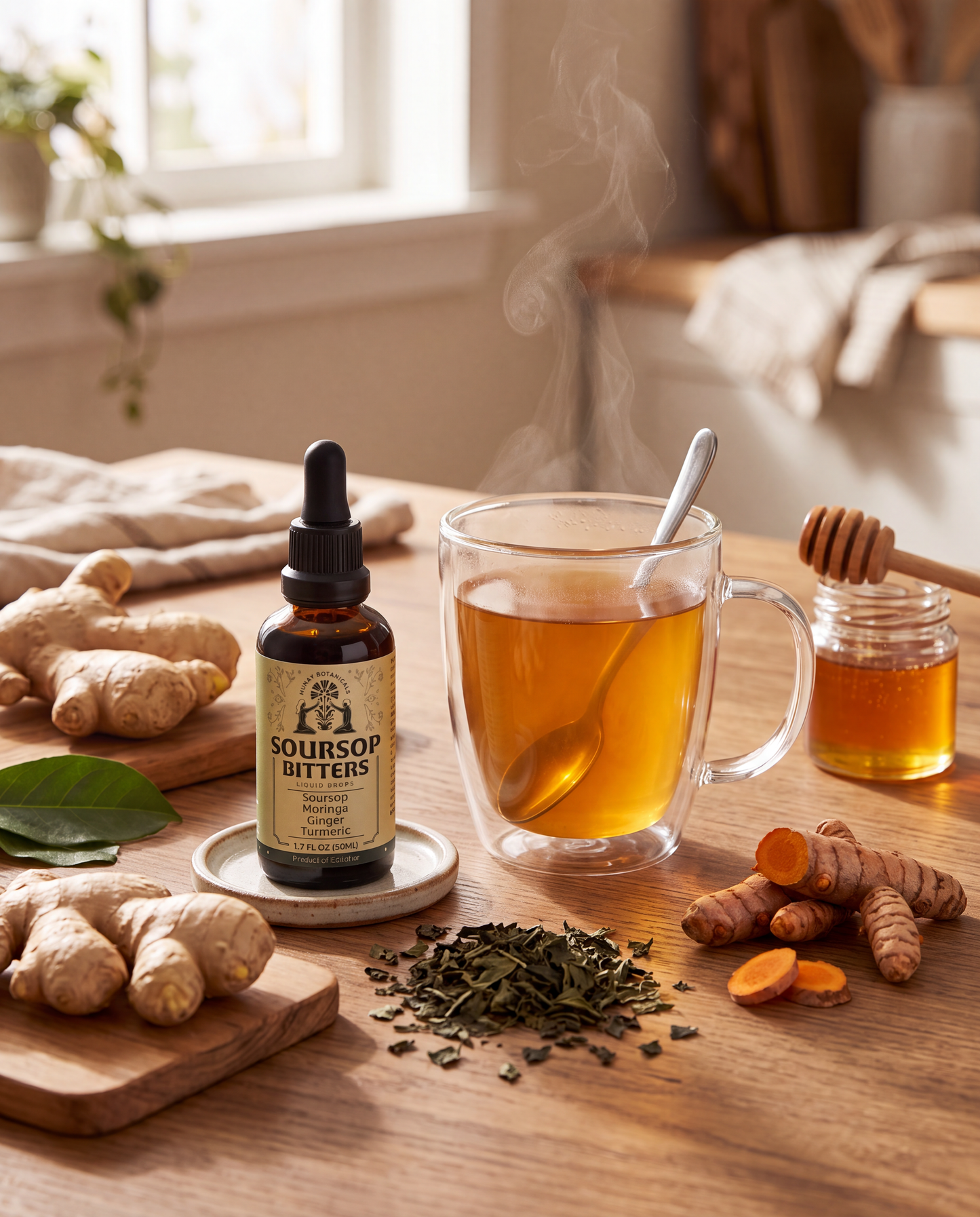 Fresh organic soursop herbal tea served in a warm setting, featuring tropical wellness, antioxidant-rich leaves, and naturally soothing flavor.