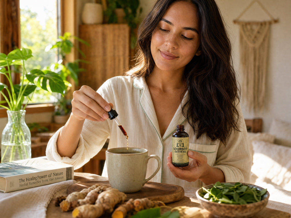 Woman enjoying organic soursop herbal tea in a bright natural setting, promoting relaxation, wellness, tropical botanicals, and healthy living.