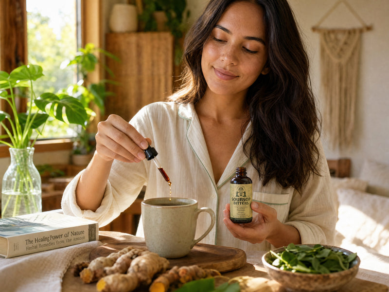 Woman enjoying organic soursop herbal tea in a bright natural setting, promoting relaxation, wellness, tropical botanicals, and healthy living.