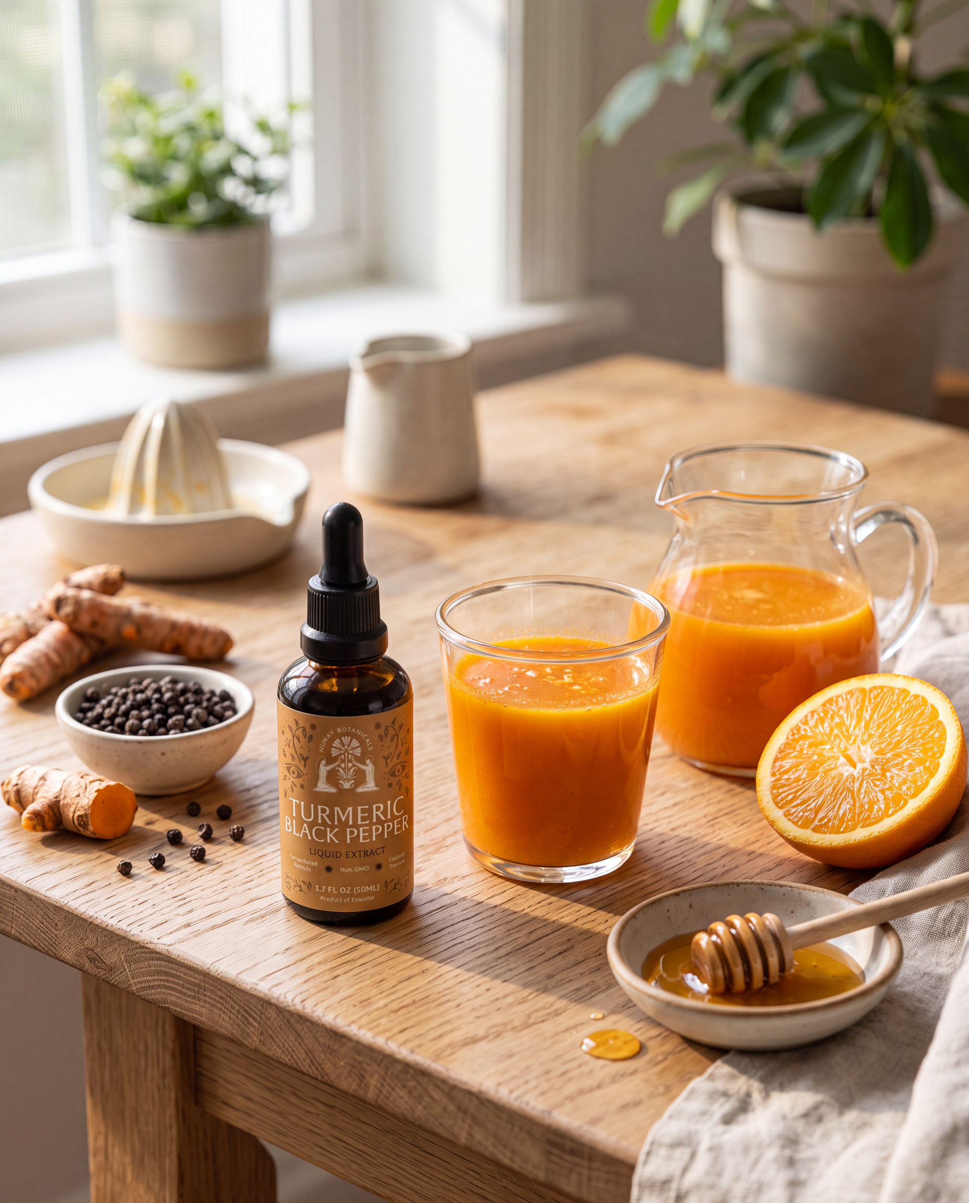 Fresh turmeric, citrus, and herbal ingredients prepared for botanical wellness.
