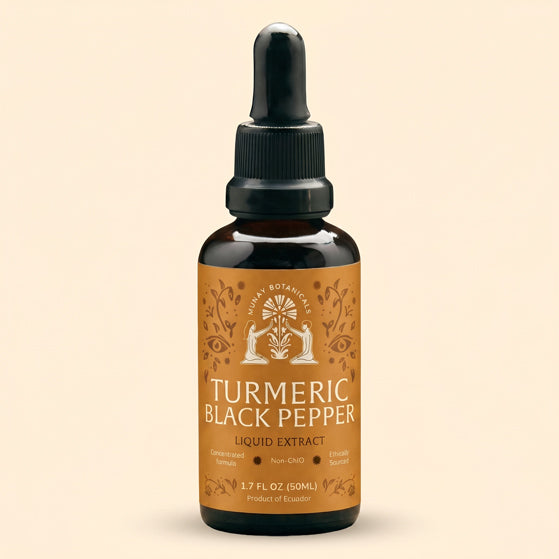 Bottle of Munay Botanicals Turmeric & Black Pepper tincture on a light background.