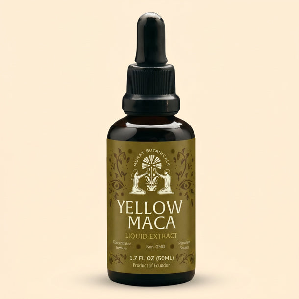 Bottle of Munay Botanicals Yellow Maca Root Extract on a light background.