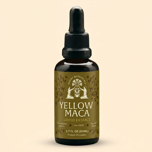 Bottle of Munay Botanicals Yellow Maca Root Extract on a light background.