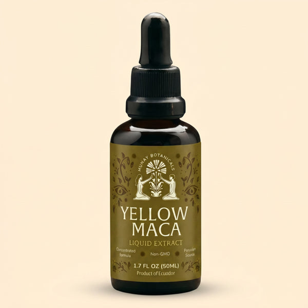 Bottle of Munay Botanicals Yellow Maca Root Extract on a light background.