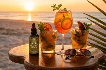 Organic Yellow Maca herbal drink prepared on a rustic table, highlighting natural energy, vitality, adaptogenic benefits, and plant-based wellness.